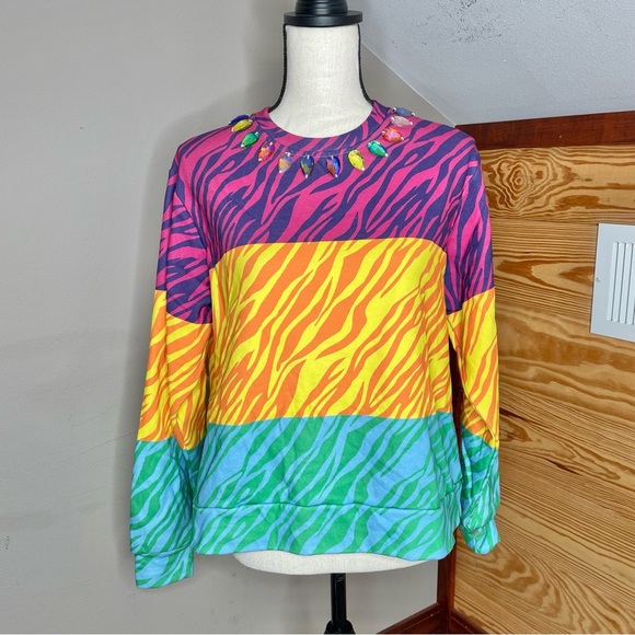 Queen of Sparkles Colorblock Tri-Color Zebra Jewel Neck Sweatshirt Extra Small - Picture 1 of 8